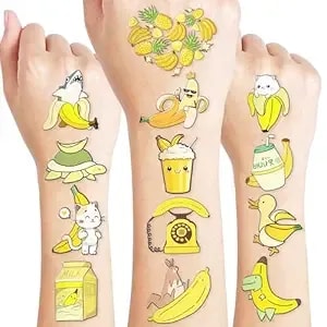 Cute Banana Pre-Cut Temporary Tattoos 96pcs, Yellow Banana Party Decorations & Baseball Sports Fan Face Stickers, Fruits Theme Birthday Favors For Boys Girls