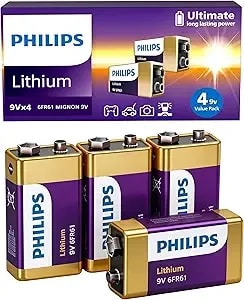 Philips 9v Lithium Battery (4 Pack) For Security Systems, Keyless Entry Door Lock, Multimeter, Metal Detector