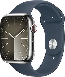Apple Watch Series 9 [Gps + Cellular, 41mm] - Silver Stainless Steel Case With Storm Blue Sport Band, S/M (Renewed Premium)