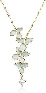 Cicy Bell Floral Pendant Necklace For Women Trendy 18k Gold Plated Boho Enamel Blue Flower Cubic Zirconia Dainty Long Y Necklace Jewelry Gifts