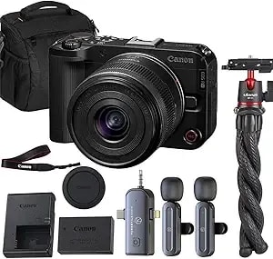 Canon Eos r50 V Mirrorless Camera With Rf-S 14-30mm Lens - 4k Video, Dual Pixel Af, Flip Screen - Vlogging Kit W/Wireless Lavalier Microphone Set, Octopus Flexible Tripod & Slinger Shoulder Bag