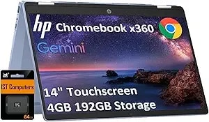 Hp Chromebook x360 14b 2-In-1 Touchscreen Laptop (14" Hd, 4gb Ram, Intel n200, 192gb Storage (128gb Ssd+64gb Sd Card)) For Home, Students, Hd Webcam, Wi-Fi 6, Long Battery Life, Chrome Os, Sky Blue