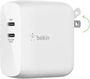 Belkin Dual Port Usb C Charger Block 68w - Gan Fast Charging - Type C - Usb-C Pd Charge For Apple Iphone 17, Air, Samsung Galaxy s25, Airpods, Ipad, Macbook Pro, Apple Watch, Nintendo Switch 2 - White