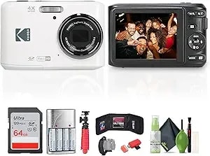 Kodak Pixpro fz45 Digital Camera (White) Bundle Including: 64 Gb Memory Card, Rechargeable Batteries, Flexible Tripod, Card Reader, Hand Strap, Cleaning Kit, More