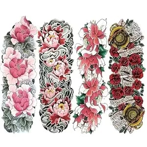 4 Sheets Japanese Peony Full Arm Temporary Tattoos For Women - Colorful Japanese Peony Rose Waterproof Fake Tattoo Sleeves, Traditional Floral Full Sleeve Body Art