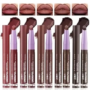 Noerrors 5pcs 2 In 1 Velvet Matte Lip Liner And Lipstick Combo, Dark Brown Chestnut Maroon Burgundy Plum Smooth Plump Lip Liner Set For Dark Skin, High Pigmented Long Lasting Lip Shape Contour Pencil