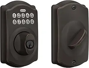 Schlage Camelot Electronic Keypad Deadbolt Lock, Keyless Front Door Entry, Mechanical Key Backup Included, Aged Bronze, be365 V Cam 716