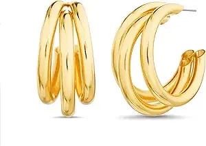 Nautica 29 Mm Triple Hoop Earrings For Women 14k Yellow Gold Plated Alloy