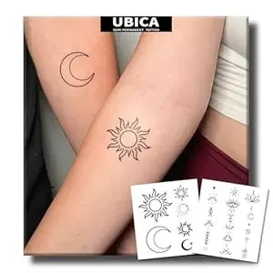 Semi Permanent Tattoo, Sun & Moon Minimalist Fine Line Small Temporary Tattoos For Balance & Duality, 2 Sheets, Lasts 1–2 Weeks, Waterproof & Non-Reflective