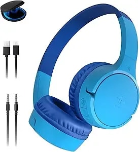 Belkin Soundform Mini - Wireless Bluetooth Kids Headphones, 30h Battery, 85db Safe Volume Limit, Built-In Microphone - Toddler On-Ear Earphones For Iphone, Ipad - Ideal For School - Blue W/Case