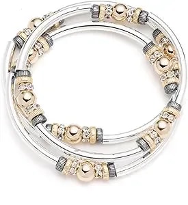 Nine West Set Of 3 Stretch Bangles For Women - Tri Tone Silver And Gold Bracelets With 2.25in Diameter - Stackable Fashion Jewelry Bangle Set For Everyday Wear, Gifts And Special Occasions