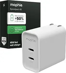 Mophie Speedport 45 Gan Usb-C Charger Block - 45w Fast Wall Charger, 2× Usb‑C Pd Ports, Compact Foldable Prongs, Made With Recycled Materials, For Smartphones, Tablets, Headphones