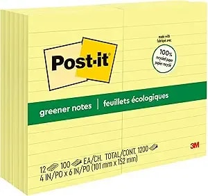 Post-It Greener Notes, 4 In X 6 In, 12 Pads, America'S #1 Favorite Sticky Notes, Canary Yellow, Clean Removal, 100% Recycled Material (660-Rp)