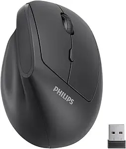 Philips spk7628 Ergonomic Mouse - Vertical Mouse With 800/1200/1600 Adjustable Dpi, 6 Silent Buttons Design For S/M Hands, Auto Power Saving, Light Weight, 2.4ghz Wireless Mouse For Laptop, Desktop,Pc