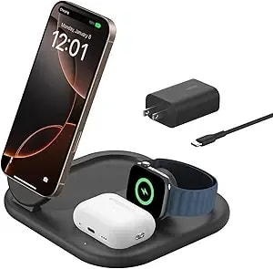 Belkin 3-In-1 Magsafe-Compatible Iphone Charger - Foldable Magnetic qi2 Certified, Magsafe Charging Station For Phone, Apple Watch, Airpods - Wireless For Multiple Devices