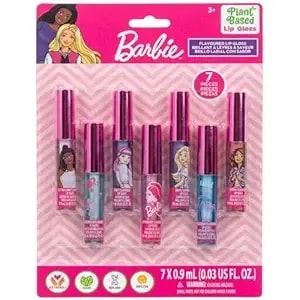 Barbie 7 Piece Plant Based Lip Gloss, Girls Party Favors, First Makeup Set For Girl, Perfect For Parties, Sleepovers, And Birthday Gifts, Ages 3+, By Townley Girl