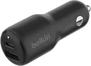 Belkin Boostcharge 42-Watt Dual Port Fast Car Charger W/30w Usb-C & 12w Usb-A Ports For Iphone 16, 16 Pro, Galaxy s26, s25, Pixel 10 & 9, Nintendo Switch 2 & More - Black
