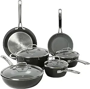 Sur La Table Kitchen Essentials 10 Piece Pfa Free Titanium Ceramic Nonstick Interior Forged Aluminum Cookware Pots And Pans Set - Black - Induction Compatible