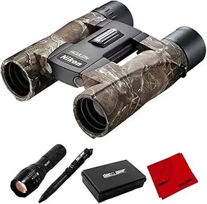Nikon 16641 Aculon a30 10x25 Truetimber Kanati Binoculars Bundle With Deco Gear Tactical Flashlight And Tactical Pen Set With Water/Shockproof Case And 6 X 6 Inch Microfiber Cleaning Cloth