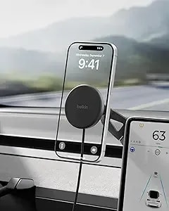 Belkin Tesla Phone Mount, Magnetic Wireless Car Mount For Ev (Strong Magnet) W/ 3.3ft Usb C Cable, qi2 Magsafe Compatible Fast Charging For Iphone 17/16/15, Model 3, Model Y, Etc. - Tesla Accessories