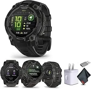 Garmin Instinct 3 45mm, Amoled, Outdoor Gps Smartwatch, 24/7 Fitness And Tactical Smart Watch, 18 Days Of Battery Life, Built-In Flashlight, Black (010-02936-00) Bundle