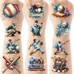 Baseball Temporary Tattoos - 6 Sheets 72 Pcs Sports Birthday Party Supplies, Watercolor Baseball Bat Ball Player Cap Designs, Baseball Party Favors For Fans