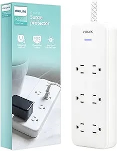 Philips 6-Outlet Surge Protector With Multiple Outlets, 8 Ft, Braided Cord,1080 Joules, Adapter-Spaced, White, spc6066wb/37