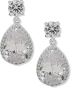 Anne Klein Silver And Crystal Post Back Earring Featuring Pear Shaped Drop With Crystal Accents