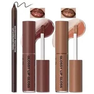 Hosaily 2 Colors Nourishing Lip Gloss Hydration Non-Sticky Plumping Lip Kit For Women, Natural Nude Tinted Lip Glow Oil Moisturizing Lightweight Long Wear Shiny Liquid Lipstick With Lip Liner Combo