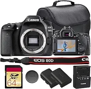Canon Eos 80d Dslr Camera Bundle - 24.2mp Aps-C Sensor, Dual Pixel Cmos Af, Digic 6 Processor & Vari-Angle Touchscreen - Great For Video & Vlogging (1263c004) + 64gb Card + Camera Bag + Battery