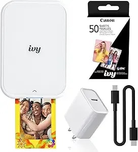 Canon Ivy 2 Mini Photo Printer Pure White, Bluetooth Portable Printer For Ios & Android, Zink 2x3 Sticky-Back Photo Prints, Compact Travel Size (5452c018) + Zink Photo Paper (50 Sheets) + More