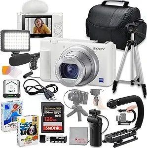 Sony Zv-1 Digital Camera (White) With Sony Vct-sgr1 Shooting Grip + 128 Gb Memory + Camera Case + Tripod + More (15pc Bundle)
