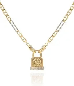 Guess Womens Gold-Tone Chain Necklace Logo Padlock Pendant