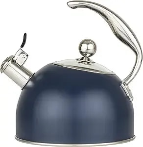 Viking 3-Ply Stainless Steel Tea Kettle, 2.6 Quart Stovetop Hot Water Pot With Tempered Glass Lid, Ergonomic Handle, Induction Ready, Slate And Blue