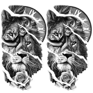 2 Sheet Lion Clock Rose Temporary Tattoos For Men - Black And Grey Lion With Broken Clock And Rose Waterproof Fake Tattoo Stickers, Realistic Half Sleeve Arm Leg Body Art