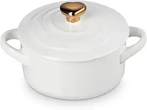 Le Creuset Stoneware Mini Round Cocotte, 8oz., White With Gold Heart Knob