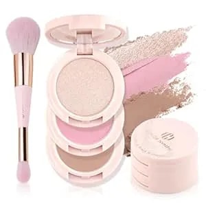 Color Nymph 3 Colors Contour Blush Highlighter Makeup Palette, Travel Size Make Up Kit, Blush & Highlighter & Contour Powder Palette, Includes Brush And Mirror, Stacked Makeup Design （Pink）