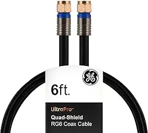 Ge rg6 Coaxial Cable, 6 Ft. F-Type Connectors, Quad Shielded Coax Cable, 3 Ghz Digital, In-Wall Rated, Ideal For Tv Antenna, Dvr, Vcr, Satellite, Cable Box, Home Theater, Black, 33528