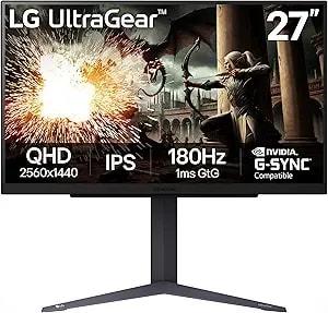 Lg 27gs75q-B 27-Inch Ultragear Qhd (2560x1440) Gaming Monitor, 180hz (O/C 200hz), 1ms, Ips, Nvidia G-Sync Compatible, Amd Freesync, hdr10, Tilt/Height/Pivot Stand, Hdmi, Displayport, Black