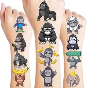 96 Pcs Gorilla Tattoos Temporary Stickers Pre-Cut, Cute Animal Birthday Party Decorations Favors Supplies Decor Themed For Kids Boys Girls Gifts Classroom Prizes Rewards
