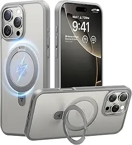 Torras Ultra Magnetic Ostand For Iphone 16 Pro Case [Fit For Magsafe] [Sturdy Stand & Ring Holder] Mil-Grade Shockproof Matte Anti-Scratch Slim Protective Kickstand Case, Natural Titanium 6.3 Inch