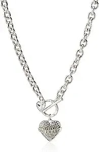 Guess Women'S Toggle Logo Charm Necklace, Silver, One Size