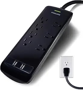 Philips 7 Outlet Power Strip Surge Protector, 2 Usb Charging Ports, 4ft Power Cord, Flat Plug, Wall Mount, 1440 Joules, Etl Listed, Circuit Breaker, Automatic Shutdown, Black, spp6270bc/37