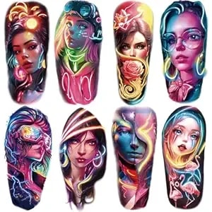 8 Sheets Neon Cyber Girl Temporary Tattoos For Adults, Cyberpunk Girl Fake Tattoo Stickers, Waterproof Long Lasting Body Art For Arm Wrist