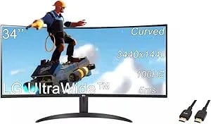 LG 34 Inch Ultrawide Curved Monitor, 21:9 WQHD (3440x1440) VA Display, 5ms, 100Hz, AMD Freesync, Up To 99% Srgb Color Gamut And HDR 10, 3-Side Virtually Borderless Design, With 5ave HDMI Cable