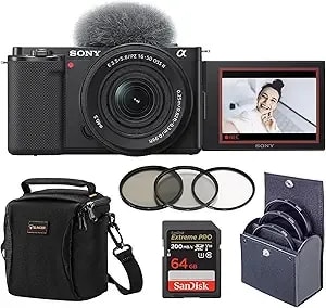 Sony Zv-e10 Aps-C Mirrorless Camera With E Pz 16-50mm Lens, Vlogging Camera Bundle, 64gb Sd Card, Shoulder Bag, Uv/Cpl/Nd Filter Kit, Sony 1-Year Warranty, Black
