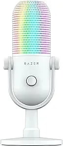 Razer Seiren v3 Chroma Rgb Usb Microphone: Stream & Game Reactive Lighting - Tap-To-Mute Sensor - Condenser Mic - Digital Gain Limiter & Shock Absorber - Pc, Discord, Obs Studio, Xsplit - White