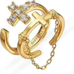 Cicy Bell Cross Rings For Women 18k Gold Plated Stackable Double Adjustable Dainty Cubic Zirconia Chain Non Tarnish Rings Christian Faith And Religious Jewelry Gifts