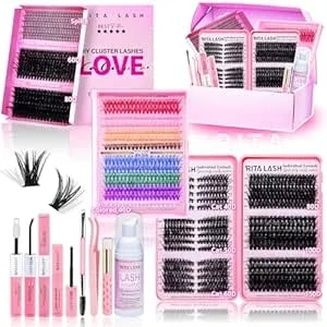 Lash Clusters Kit Bulk 3d Effect Eyelash Clusters Kit Cat Eye Lashes Cluster Eyelash Extensions Pack Colored Lashes Cluster PestañAs Postizas Naturales+Bond&Seal,Remover,Tweezers,Cleanser(Lash Kit-7)