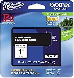 Brother tze355 Tze Standard Adhesive Laminated Labeling Tape, 1-Inch W, White On Black